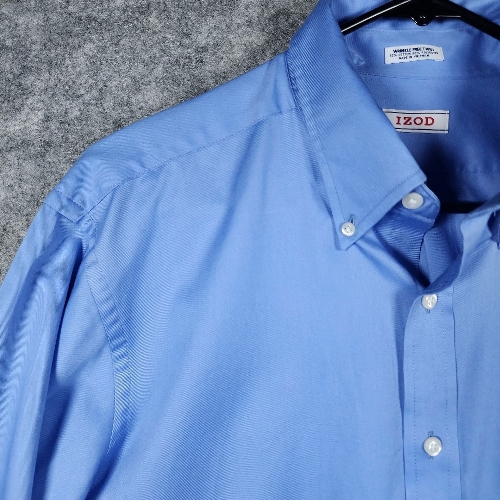 IZOD Wrinkle Free Twill Regular Fit Blue Buttondown Long Sleeve Shirt Size 16 - Picture 3 of 9